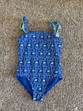 Roller Rabbit Blue Monkey-Print One-Piece Swimsuit with Lime Trim